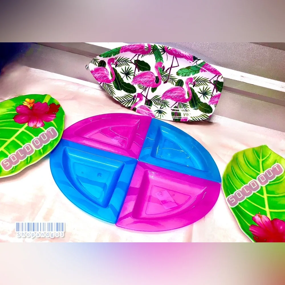 Flamingo Kitchen Party Serving Tray Set 5 Pink Blue Sushi Appetizer Nuts Snacks